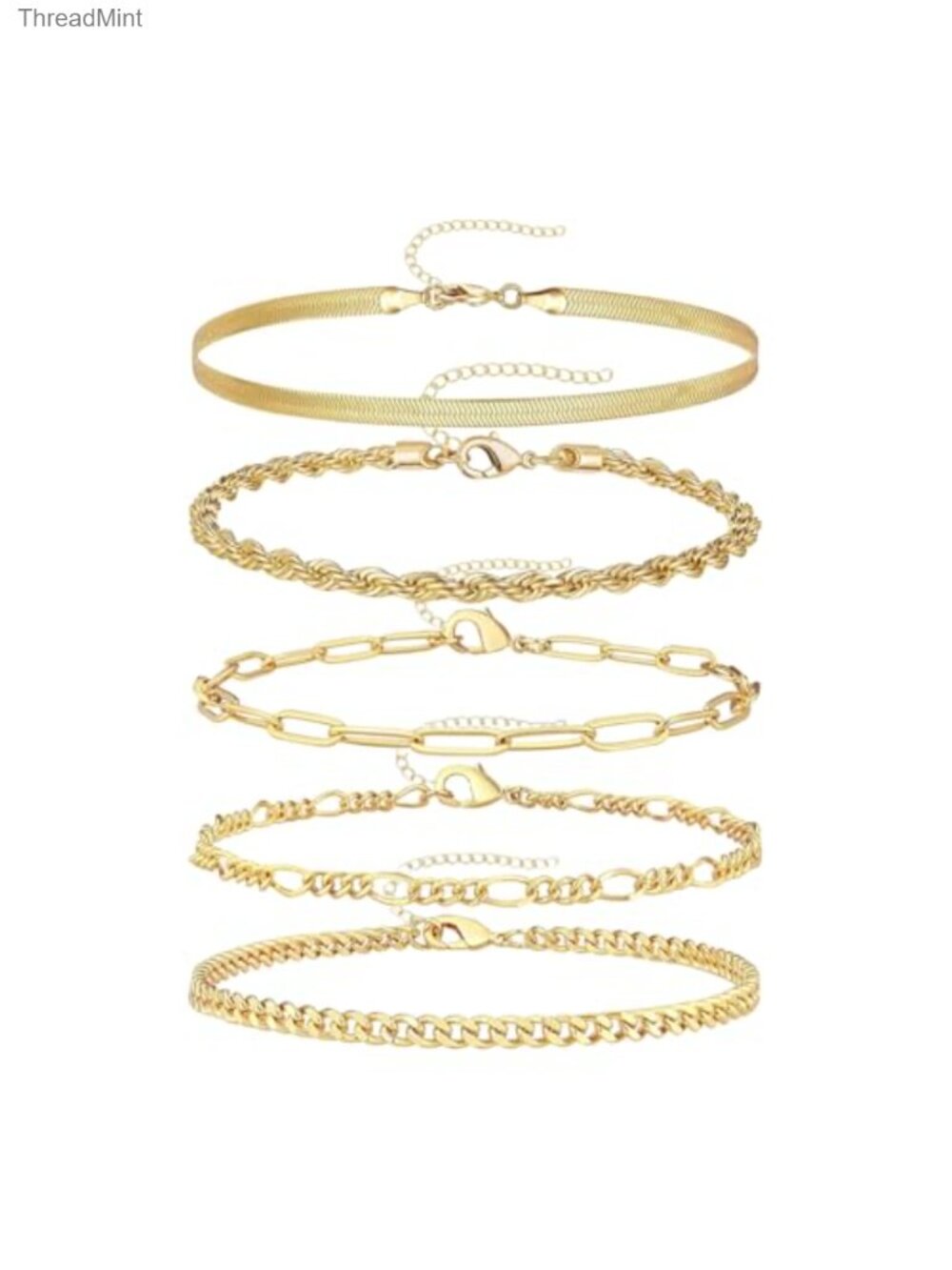 5pcs Gold Figaro Bracelet Set Fashion Trendy Cuba Chain Rope Paper Clip